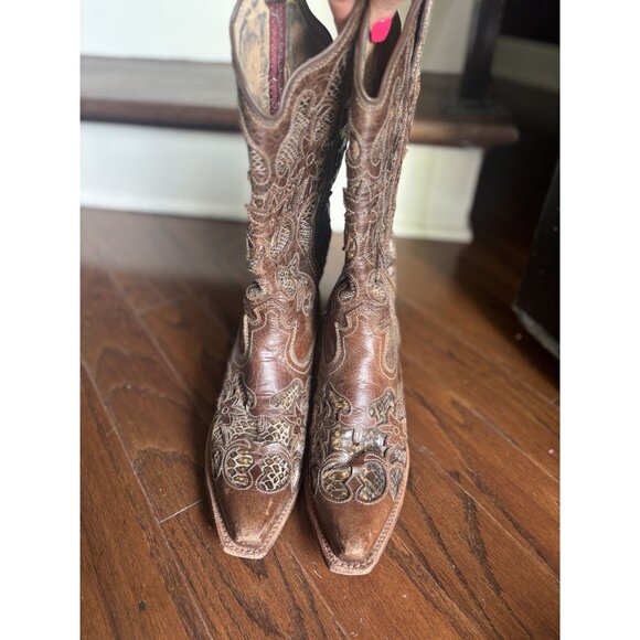 Twisted X Western Brown Python Inlay Leather Boots Women's size 7 - Picture 2 of 7